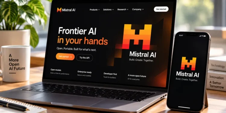 Mistral AI displayed on a laptop and smartphone, showing the company's artificial intelligence platform and branding in a modern workspace.