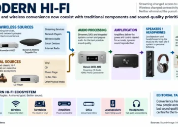 Modern hi-fi graphic showing streaming, wireless sources, traditional audio components, amplification, speakers, headphones, and listening experience.