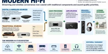 Modern hi-fi graphic showing streaming, wireless sources, traditional audio components, amplification, speakers, headphones, and listening experience.