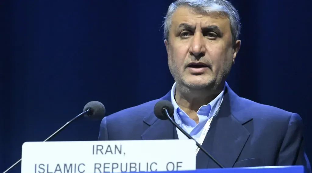 Mohamed Eslami speaks during the IAEA General Conference at the agency headquarters in Vienna, Austria, in September 2022.