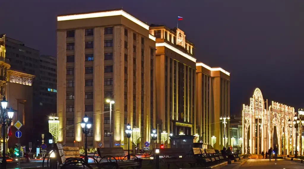 State Duma building illuminated at night in Moscow, Russia, photographed on January 17, 2025.