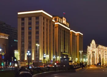 State Duma building illuminated at night in Moscow, Russia, photographed on January 17, 2025.