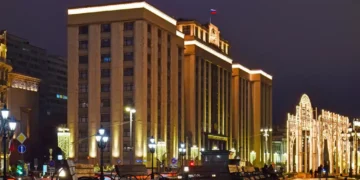 State Duma building illuminated at night in Moscow, Russia, photographed on January 17, 2025.