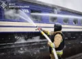 Train in Mykolaiv after a Russian drone attack damaged transport infrastructure on March 4, 2026, injuring a train inspector.