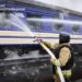 Train in Mykolaiv after a Russian drone attack damaged transport infrastructure on March 4, 2026, injuring a train inspector.