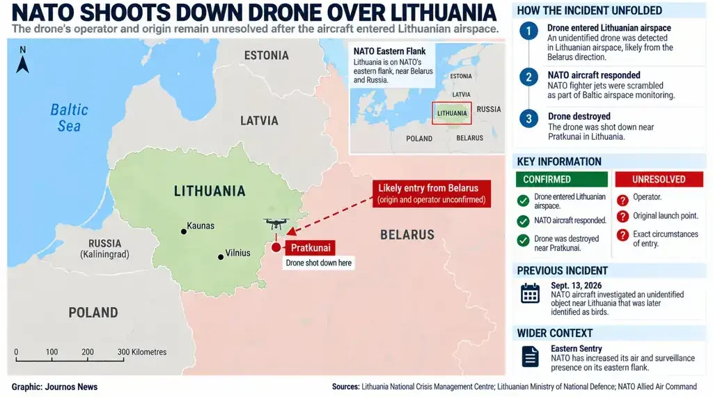 NATO aircraft responds after unidentified drone enters Lithuanian airspace and is shot down near Pratkunai, close to Belarus.
