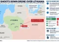 NATO aircraft responds after unidentified drone enters Lithuanian airspace and is shot down near Pratkunai, close to Belarus.