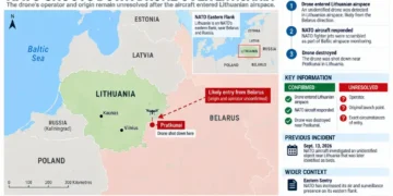 NATO aircraft responds after unidentified drone enters Lithuanian airspace and is shot down near Pratkunai, close to Belarus.