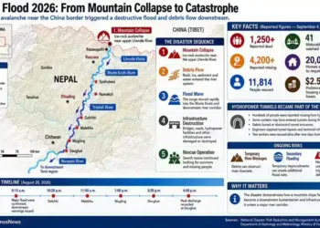 Nepal flood graphic showing an ice-rock avalanche, debris flow, flood wave, infrastructure destruction, rescue operations and affected river corridors.