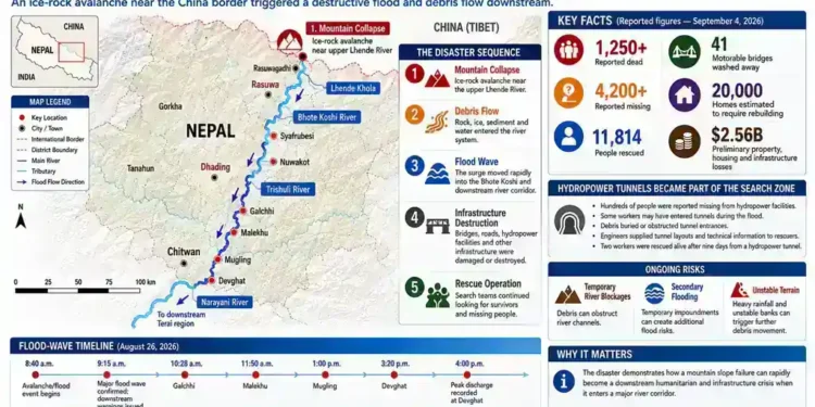 Nepal flood graphic showing an ice-rock avalanche, debris flow, flood wave, infrastructure destruction, rescue operations and affected river corridors.