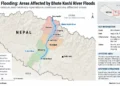 Map showing Nepal districts and areas affected by Bhote Koshi River floods, including Rasuwa, Nuwakot and Dhading.