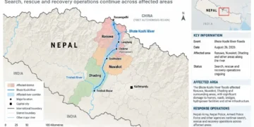 Map showing Nepal districts and areas affected by Bhote Koshi River floods, including Rasuwa, Nuwakot and Dhading.