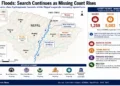 Nepal flood graphic showing rising missing-person figures, search and rescue operations, tunnel rescues, victim identification and infrastructure recovery.