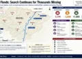 Nepal flood graphic showing search and rescue operations, missing people, recovered bodies, affected districts and the Bhote Koshi-Trishuli corridor.