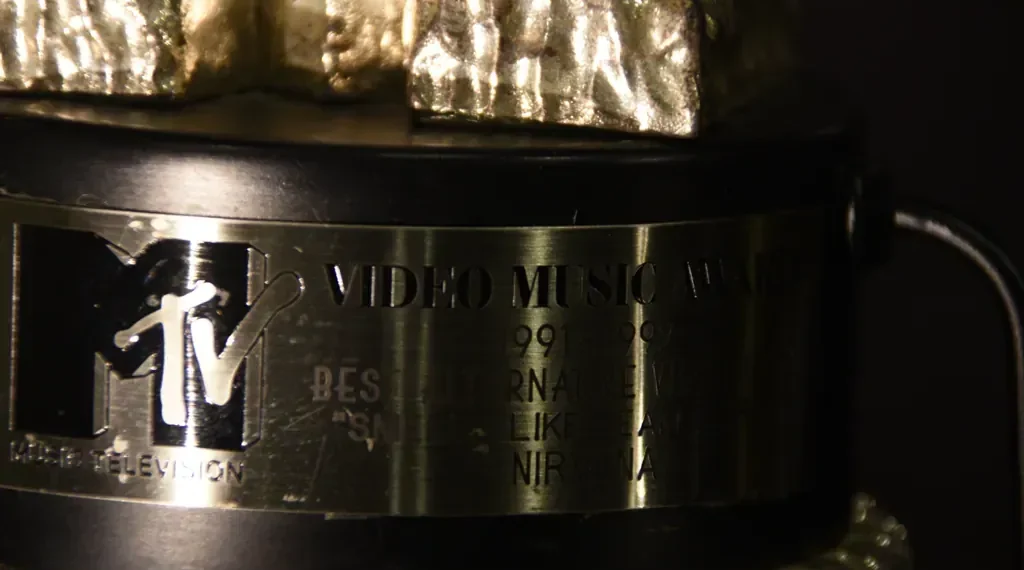 Nirvana’s 1992 MTV Video Music Awards trophy displayed at Seattle’s Museum of Pop Culture, photographed on March 4, 2017.