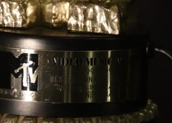 Nirvana’s 1992 MTV Video Music Awards trophy displayed at Seattle’s Museum of Pop Culture, photographed on March 4, 2017.
