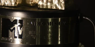 Nirvana’s 1992 MTV Video Music Awards trophy displayed at Seattle’s Museum of Pop Culture, photographed on March 4, 2017.