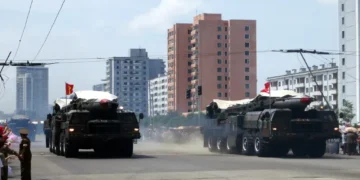 North Korean ballistic missile displayed during Victory Day commemorations in Pyongyang, North Korea, in July 2013.