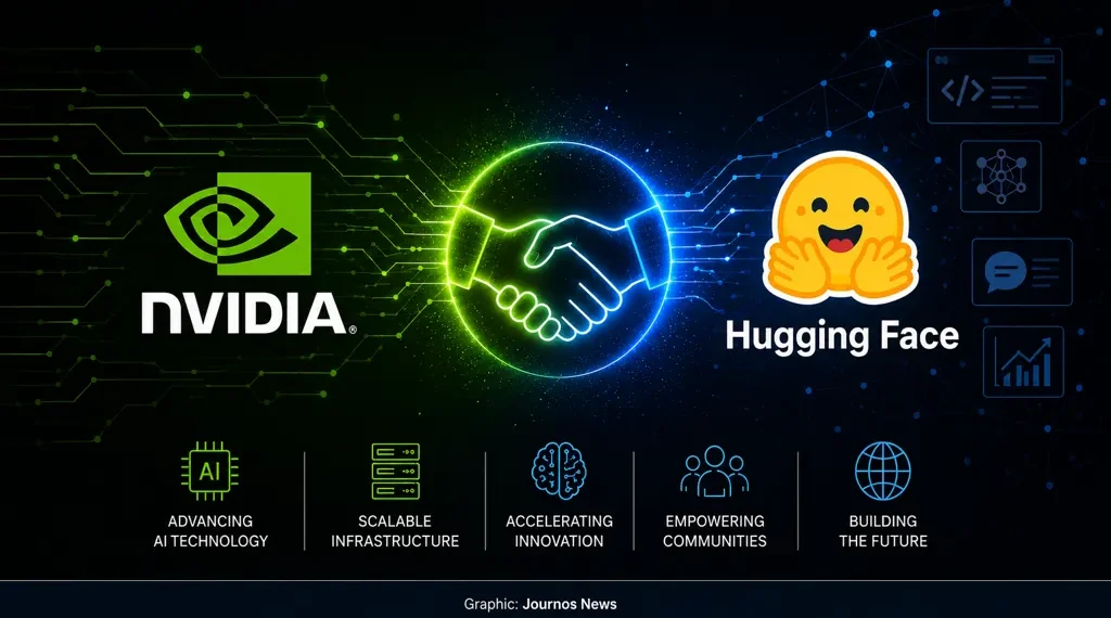 Merged editorial graphic combining NVIDIA and Hugging Face branding with a digital handshake and artificial intelligence technology elements.