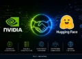 Merged editorial graphic combining NVIDIA and Hugging Face branding with a digital handshake and artificial intelligence technology elements.