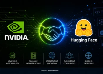 Merged editorial graphic combining NVIDIA and Hugging Face branding with a digital handshake and artificial intelligence technology elements.