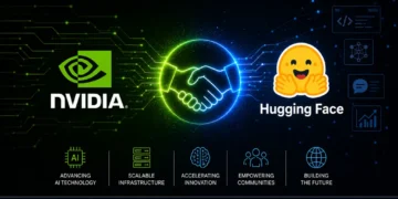 Merged editorial graphic combining NVIDIA and Hugging Face branding with a digital handshake and artificial intelligence technology elements.