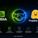 Merged editorial graphic combining NVIDIA and Hugging Face branding with a digital handshake and artificial intelligence technology elements.