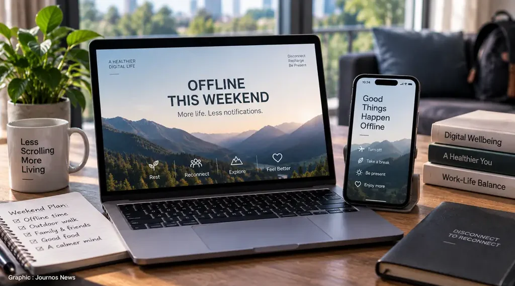 Laptop and smartphone display messages encouraging offline time, fewer notifications, outdoor activities, rest, and digital wellbeing during the weekend.