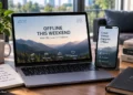 Laptop and smartphone display messages encouraging offline time, fewer notifications, outdoor activities, rest, and digital wellbeing during the weekend.