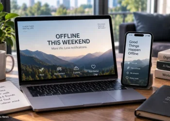 Laptop and smartphone display messages encouraging offline time, fewer notifications, outdoor activities, rest, and digital wellbeing during the weekend.