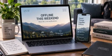 Laptop and smartphone display messages encouraging offline time, fewer notifications, outdoor activities, rest, and digital wellbeing during the weekend.