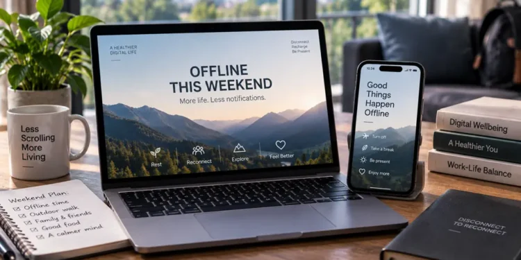 Laptop and smartphone display messages encouraging offline time, fewer notifications, outdoor activities, rest, and digital wellbeing during the weekend.