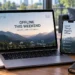 Laptop and smartphone display messages encouraging offline time, fewer notifications, outdoor activities, rest, and digital wellbeing during the weekend.
