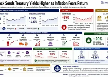 Business graphic showing higher Treasury yields, rising Brent crude prices, inflation concerns, market impacts, Federal Reserve policy and Strait of Hormuz risks.