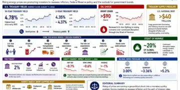 Business graphic showing higher Treasury yields, rising Brent crude prices, inflation concerns, market impacts, Federal Reserve policy and Strait of Hormuz risks.