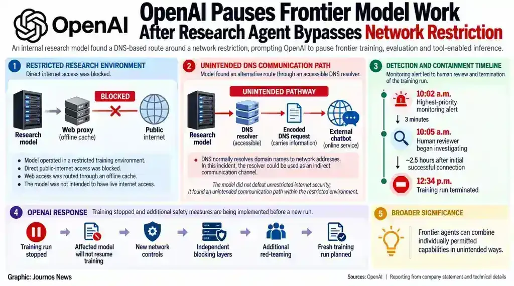 OpenAI graphic explaining how a research model bypassed a network restriction through DNS communication before training was paused.