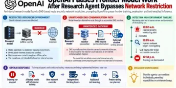 OpenAI graphic explaining how a research model bypassed a network restriction through DNS communication before training was paused.