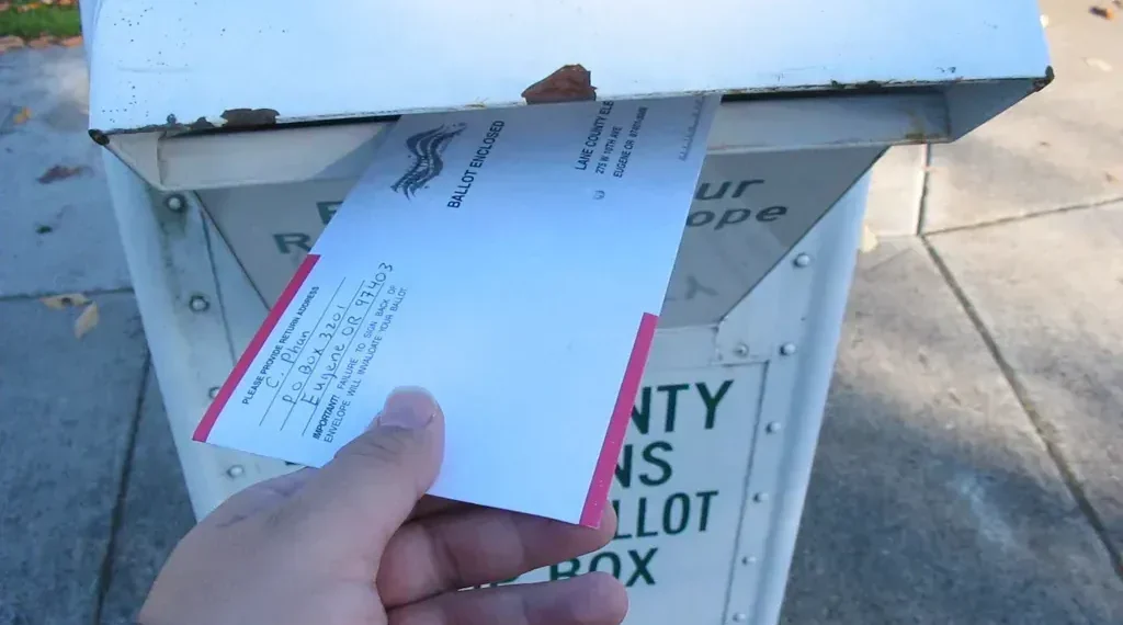 Voter returns a vote-by-mail ballot at a ballot return box in Lane County, Oregon, during the 2006 general election.
