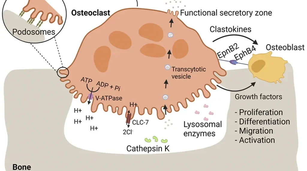 Scientific illustration showing osteoclast-mediated bone resorption and signaling pathways that support bone replacement by osteoblasts.