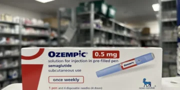 Ozempic semaglutide 0.5 mg packaging displayed in a pharmacy, photographed in August 2023.