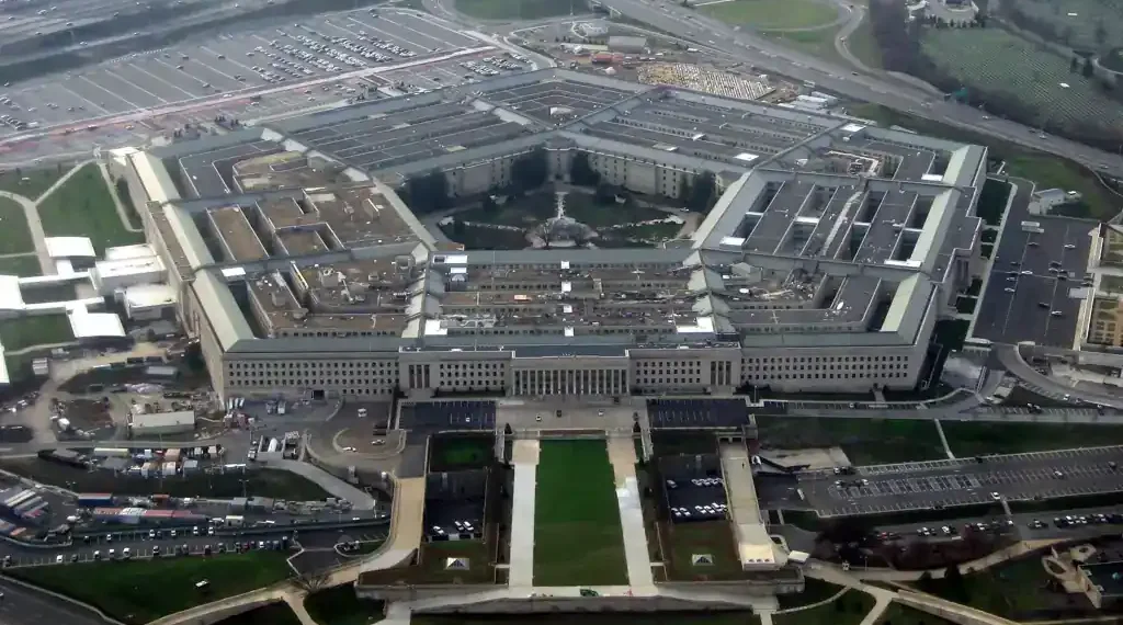 The Pentagon headquarters building in Arlington, Virginia, viewed from outside with its distinctive five-sided structure visible