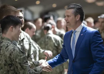 U.S. defense secretary meets with midshipmen during a visit to the U.S. Naval Academy in Annapolis, Maryland, on April 1, 2025.