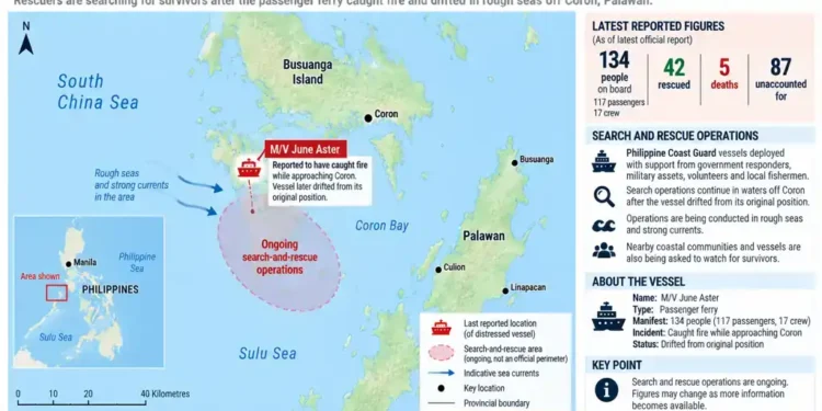 Map showing M/V June Aster search-and-rescue operations off Coron, Palawan, including vessel location, search area, currents and reported figures.