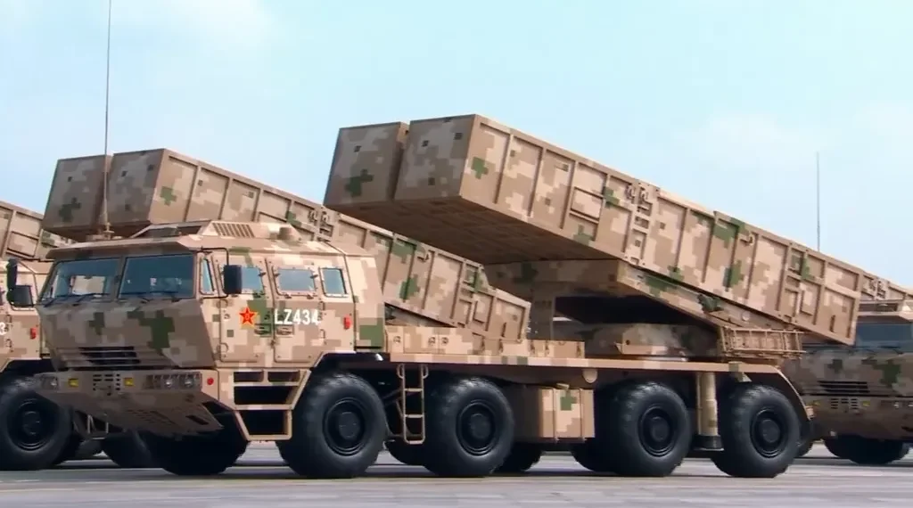 PHL-16 tactical ballistic missile launchers displayed during a military parade showcasing Chinese missile systems.