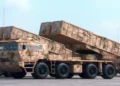 PHL-16 tactical ballistic missile launchers displayed during a military parade showcasing Chinese missile systems.