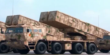 PHL-16 tactical ballistic missile launchers displayed during a military parade showcasing Chinese missile systems.