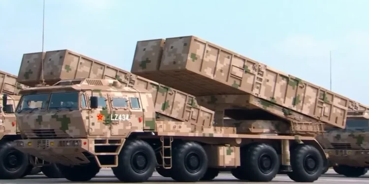 PHL-16 tactical ballistic missile launchers displayed during a military parade showcasing Chinese missile systems.