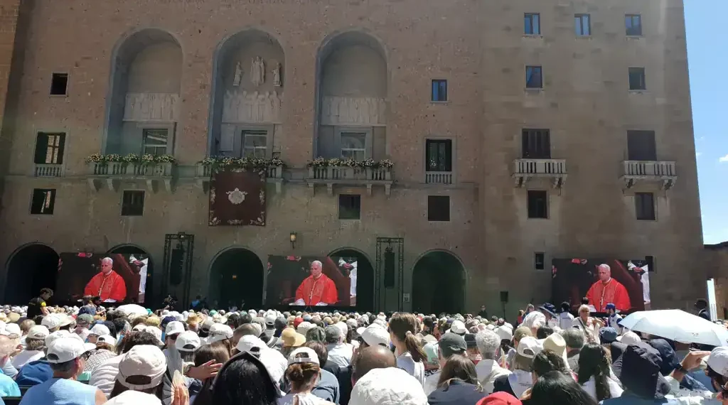 Pilgrims gather at Montserrat Abbey and follow the Holy Rosary on giant screens during Pope Leo XIV’s visit on June 10, 2026.