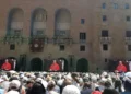 Pilgrims gather at Montserrat Abbey and follow the Holy Rosary on giant screens during Pope Leo XIV’s visit on June 10, 2026.