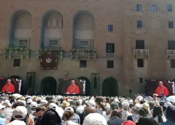 Pilgrims gather at Montserrat Abbey and follow the Holy Rosary on giant screens during Pope Leo XIV’s visit on June 10, 2026.